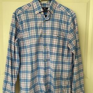 Vineyard Vines Performance Blue and Pink Checkered Button Down Long Sleeve Shirt